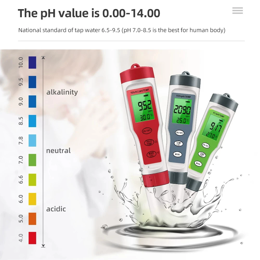 4 in 1 PH Meter PH/TDS/EC/Temperature Meter Digital Water Quality Monitor Tester for Pools Drinking Water Aquariums