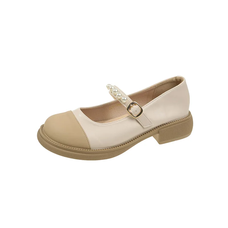 2023 Spring  Autumn New Round Toe Leather Pacthwork Pearl Buckle Shallow Mouth Comfortable Med Heel Shoe Women Pumps