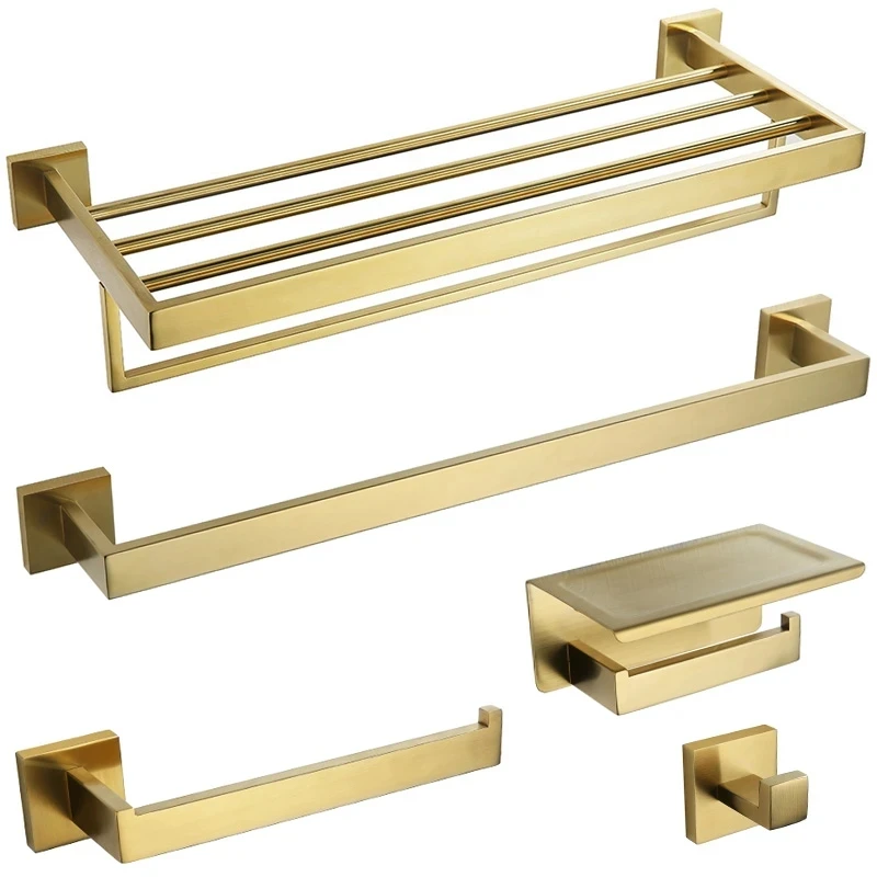 Brushed Gold Bathroom Accessories Hardware Towel Bar Rail Toilet Paper Holder Towel Rack Hook Soap Dish Toilet Brush