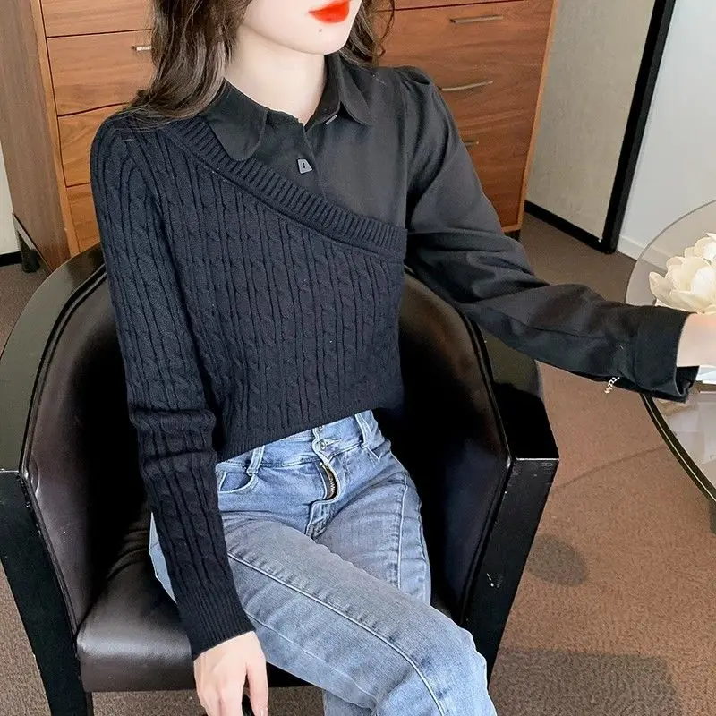 Autumn Women\'s 2024 New Spliced Polo Collar Button Screw Thread Fashion Solid Color Slim Knit Fake Two-piece Long Sleeved Shirt