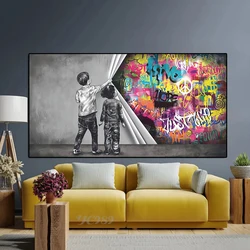 Street Graffiti Art Behind the Curtain Canvas Painting,Boy and Girl Find Love,Banksy Wall Art Posters Prints for Home Room Decor