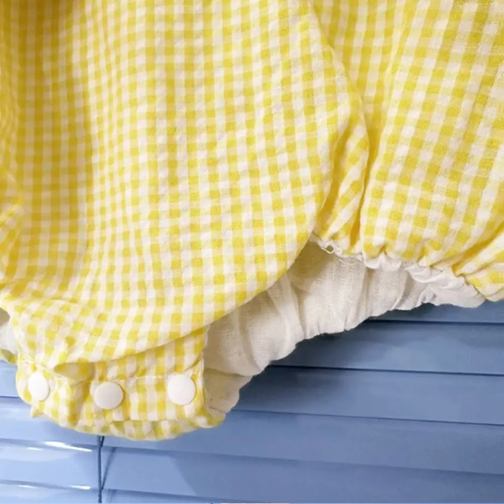 

Дизайнерский комбинезон без рукавов для маленьких девочек, желтый клетчатый хлопок, платье принцессы с принтом утки и цветочной вышивкой