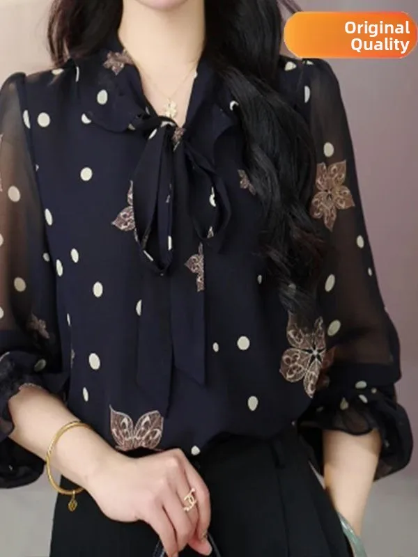 

Summer 2025 Women's Long Sve Blouse with Saes Polka Dot Print Loose Fit Korean Sle Commute Faion V-Ne Regular Sve