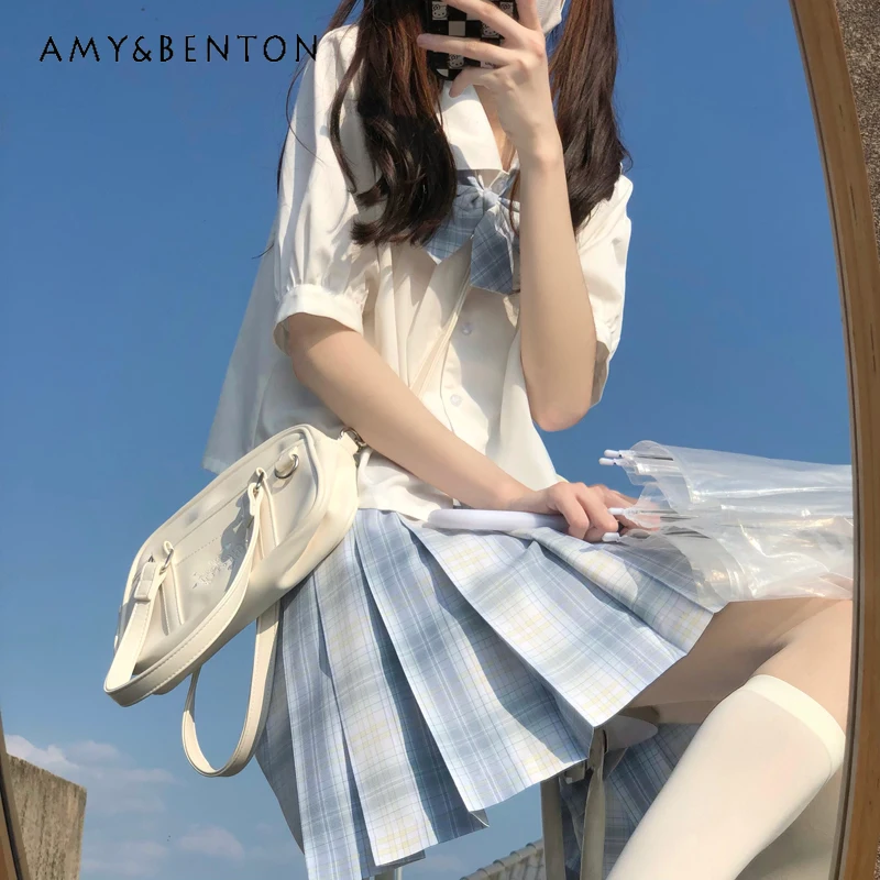 

Japanese Style JK Uniform Summer Autumn Polo Collar Solid Color White Long Short Sleeves Top Blue Plaid Pleated Skirt Suit Girls