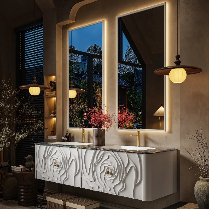 Double basin oak French floor-to-ceiling retro bathroom cabinet combination hand wash cabinet customization view 2