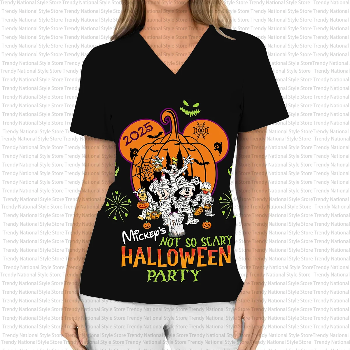 صيف جديد المرأة العمل موحدة هالوين مضحك ميكي ماوس طباعة موحدة الخامس الرقبة جيب فرك الأعلى مختبر المستشفى تي شيرت