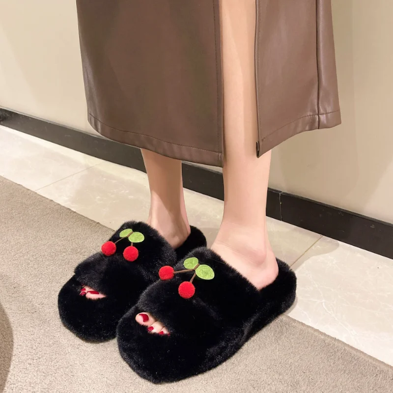 Girl Cherry Slippers Women Winter Indoor Shoes Pantuflas Pompom Open Toe Woman Slides Ladies Trendy Comfy House Shoes Slippers