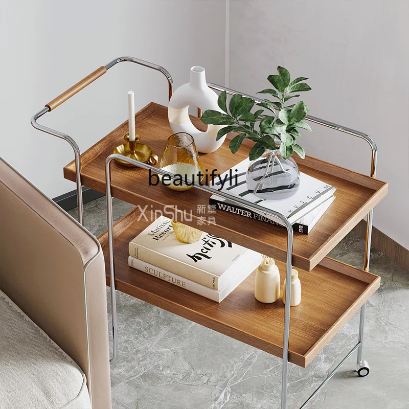 Zhonggu Walnut Stainless Steel Cart Dining Car Storage Rack Removable Wheeled Tea Side Table