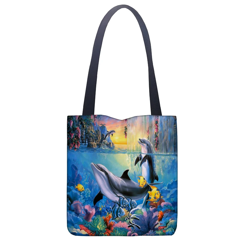 Tote Bags Ocean Dolphin Print Fabric Eco Handbag High Capacity Shopping Office Reusable Casual Shoulder Bag