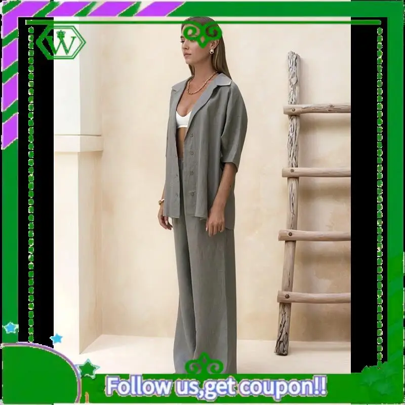 

A18P-женские комплекты из двух предметов, однотонные льняные брюки с длинными рукавами, костюм, рубашка, спортивный костюм с широкими штанинами, повседневные прямые брюки