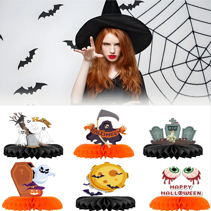 30Sets Halloween Pumpkin Horror Undead Ghost Festival Party Supplies Decoration Honeycomb Desktop Centerpiece Tombstone Skeleton