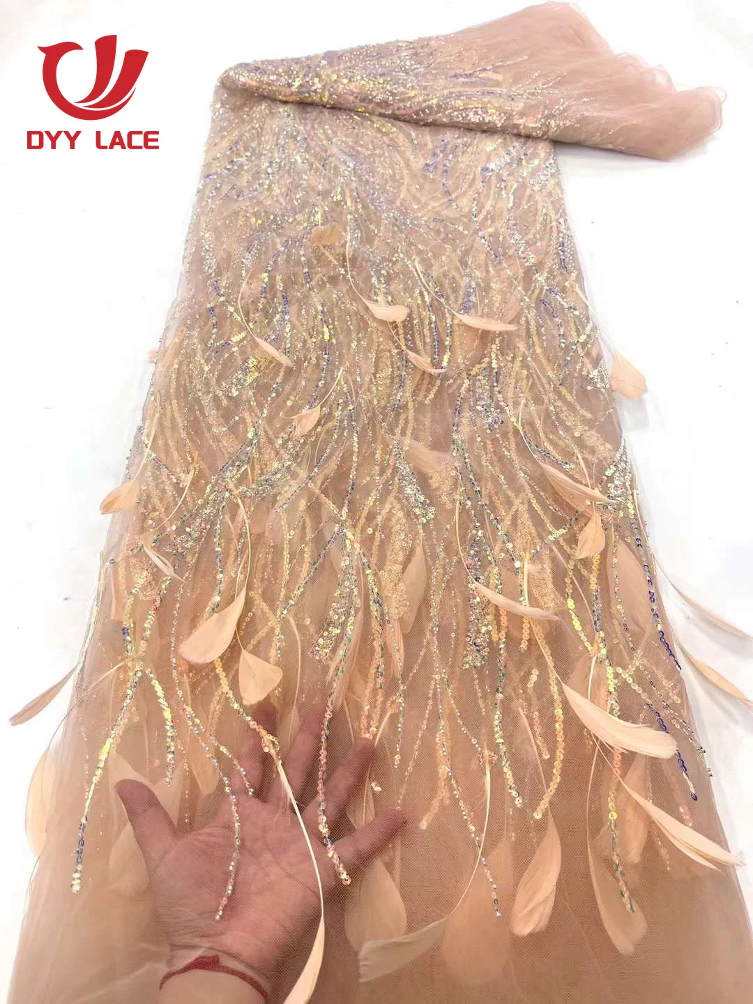Latest African Nigerian Sequins Lace 2023 Fashion 3D Feather Embroidery French Tulle Lace Fabric For Bride Wedding Party Dress