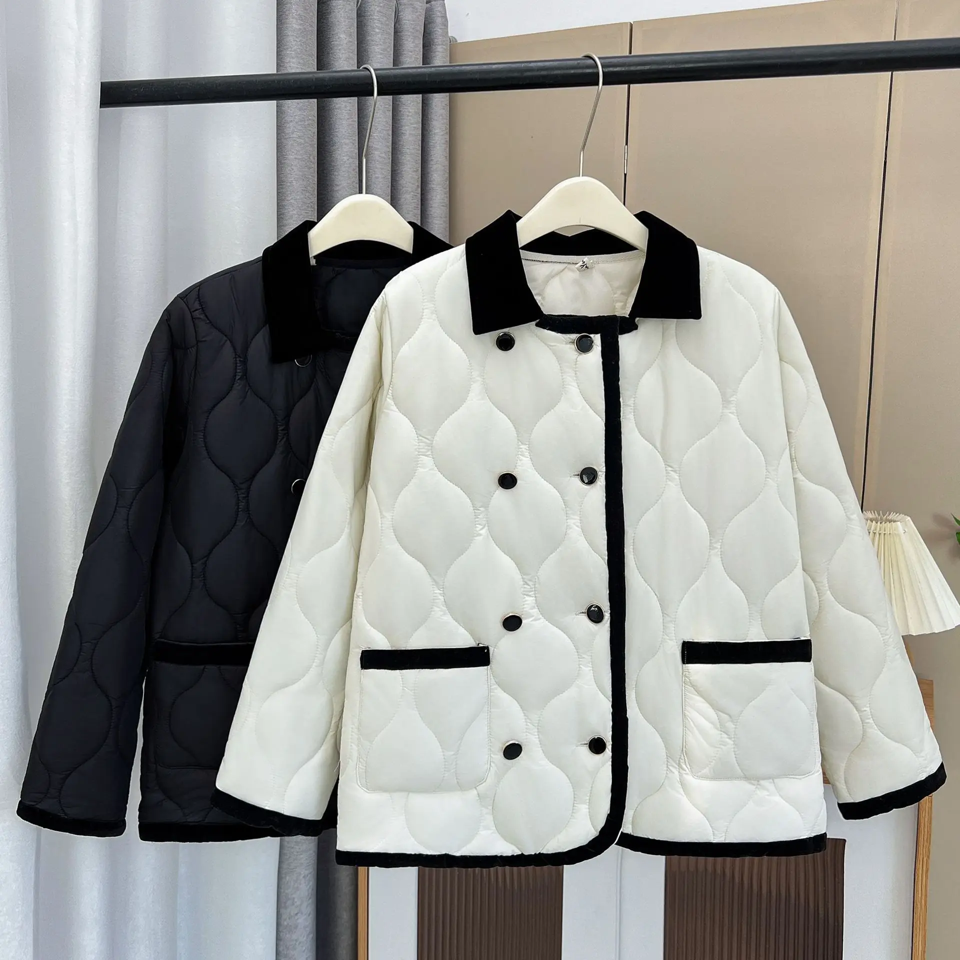 Block Color Lapel Double Breasted Parkas Women Autumn Winter 2023 Plus Size Casual Clothing Thermal Padded Coat Wadded Jacket