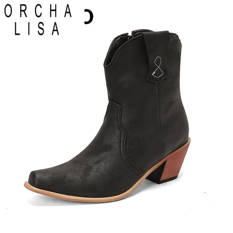 

ORCHA LISA Cowboy Western Boots for Women Leisure Daily Ankle Booties Square Toe Chunky Heels 6.5cm Zipper Large Size 45 46 47 4