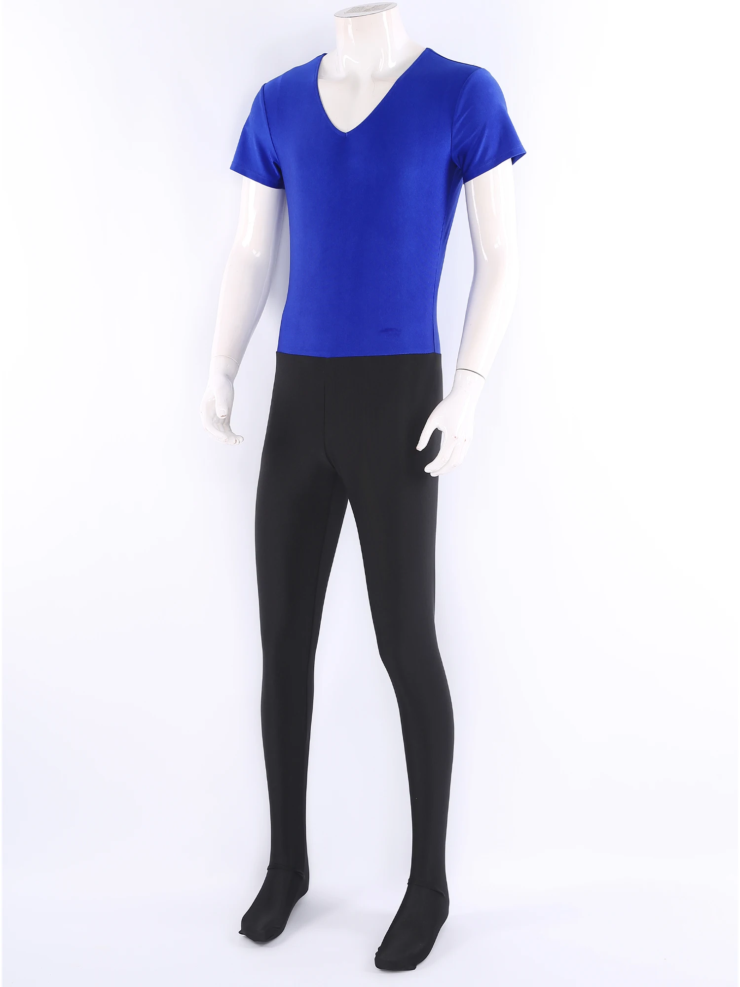 ผู้ชายบัลเล่ต์เต้นรำยูนิทาร์ดจั๊มสูทยิมนาสติกสเก็ตลีลาเครื่องแต่งกายเซ็กซี่แขนสั้นกางเกงขายาวกางเกงสีตัดกันบอดี้สูท