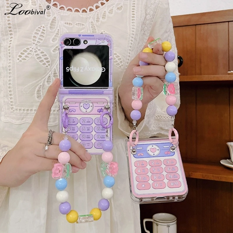 Cute Ins Flower Bracelet Phone Case for Samsung Galaxy Z Flip 6 5 4 3 zflip Colorful Wrist Chain Hard Hinge Shockproof Cover