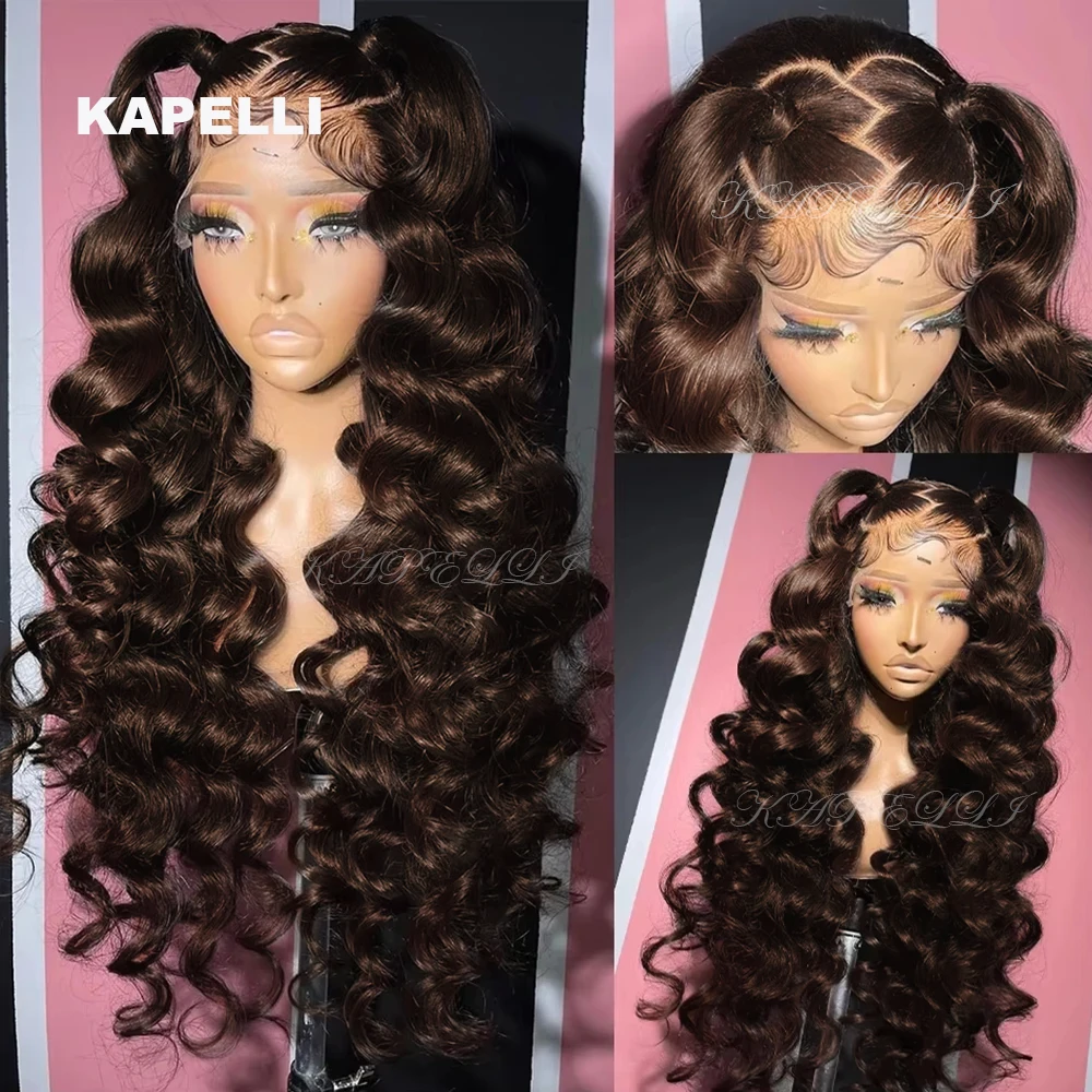 

HD 13x4 Loose Nature Wave Lace Front Human Hair Wigs 250% Transparent 34 Inch Brown Color 13x4 Deep Water Wave Lace Frontal Wig