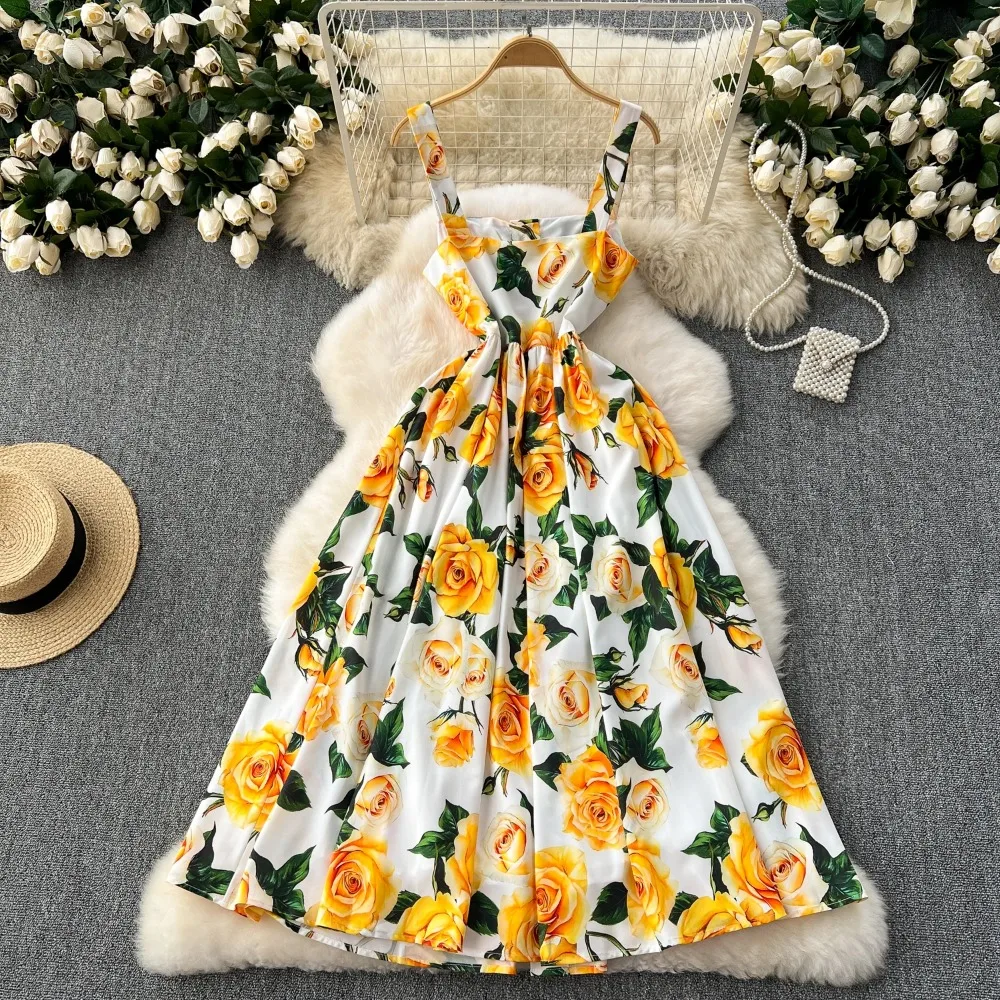 Sexy Backless Print Pleated Slip Dress A-line Chic sweet Casual basics Beach Vacation Women Summer Vintage bohemian Dresses