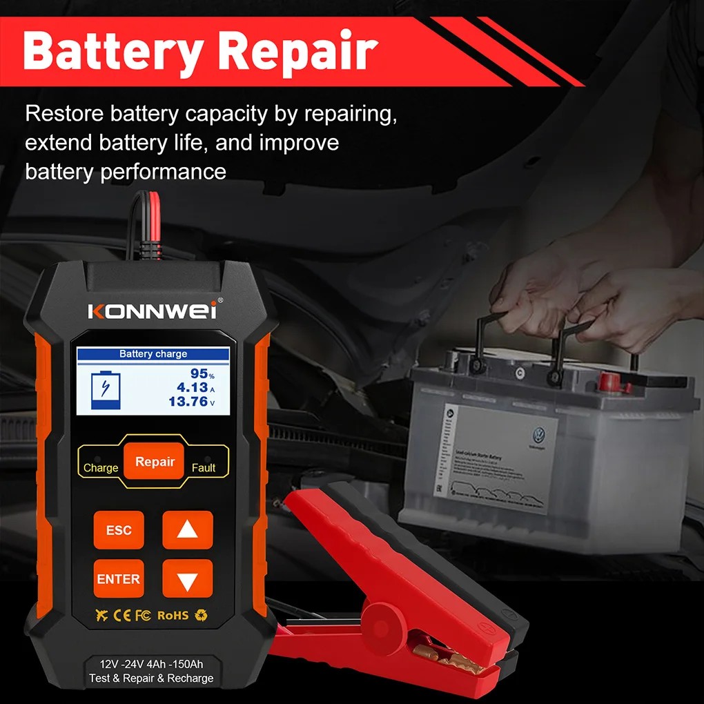 KW520 12V 10A 24V 5A Automatic Car Truck Battery Tester Charger Lead Acid Car Battery Pulse Repair Tool AGM Gel Lithium