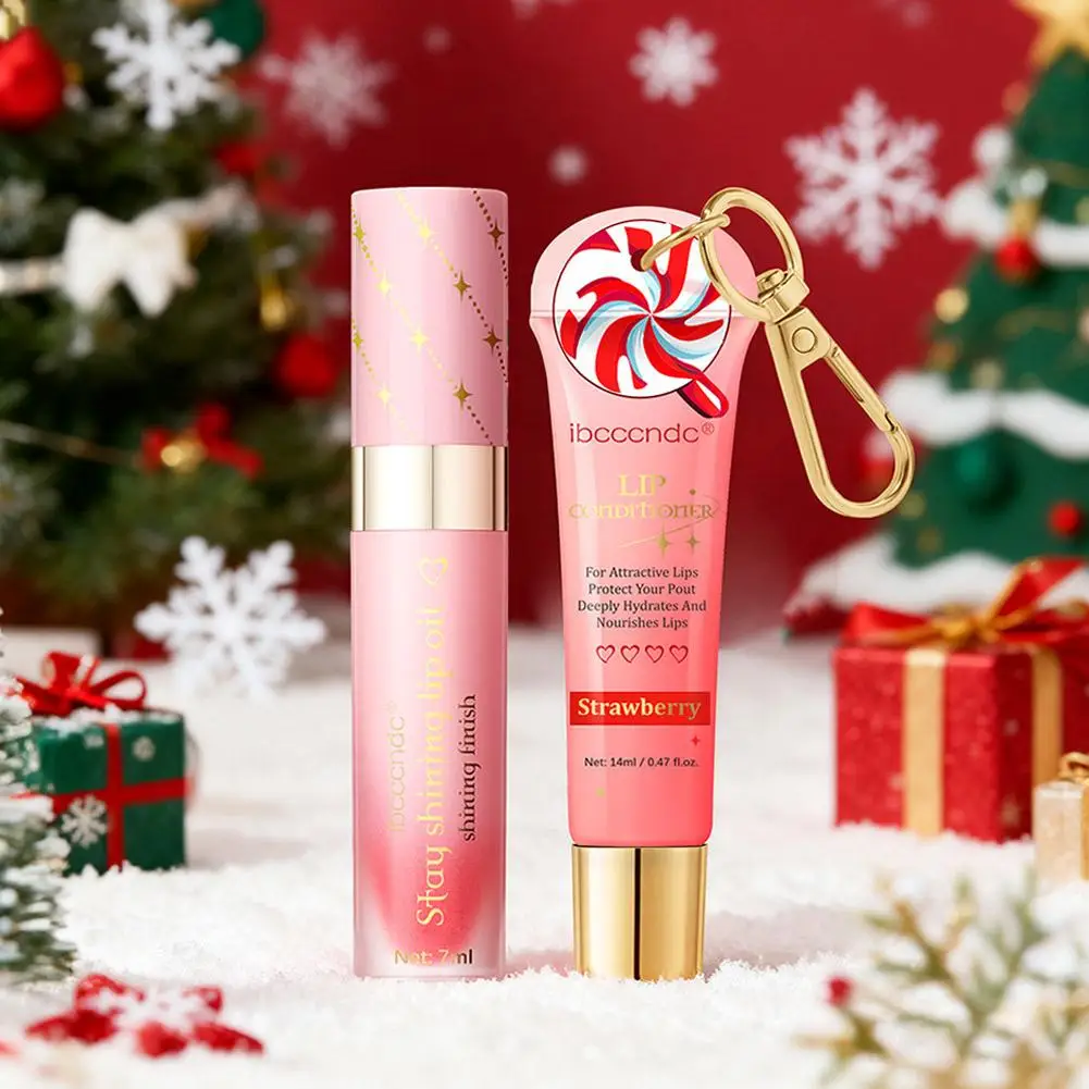 Juego combinado de aceite de labios nutritivo de fresa, brillo de labios portátil antiseco hidratante de larga duración con llavero, bálsamo labial, regalos de Festival