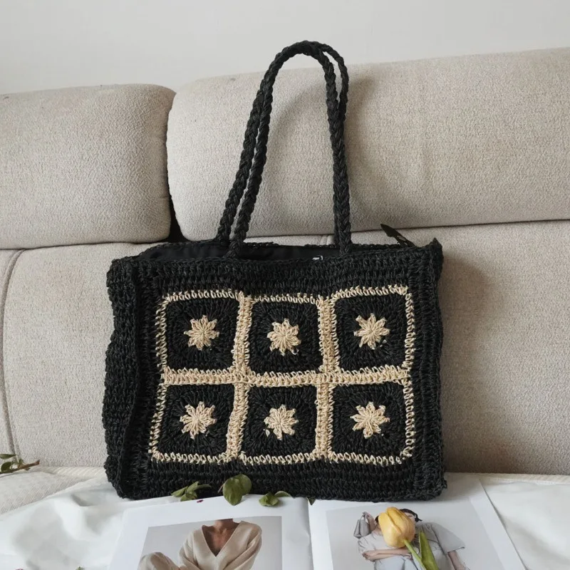 

Сумка на плечо в клетку с богемным цветком, НОВАЯ тканая сумка-тоут ручной работы для женщин, соломенная сумка, большая вместительная пляжная сумка, кошельки для покупок