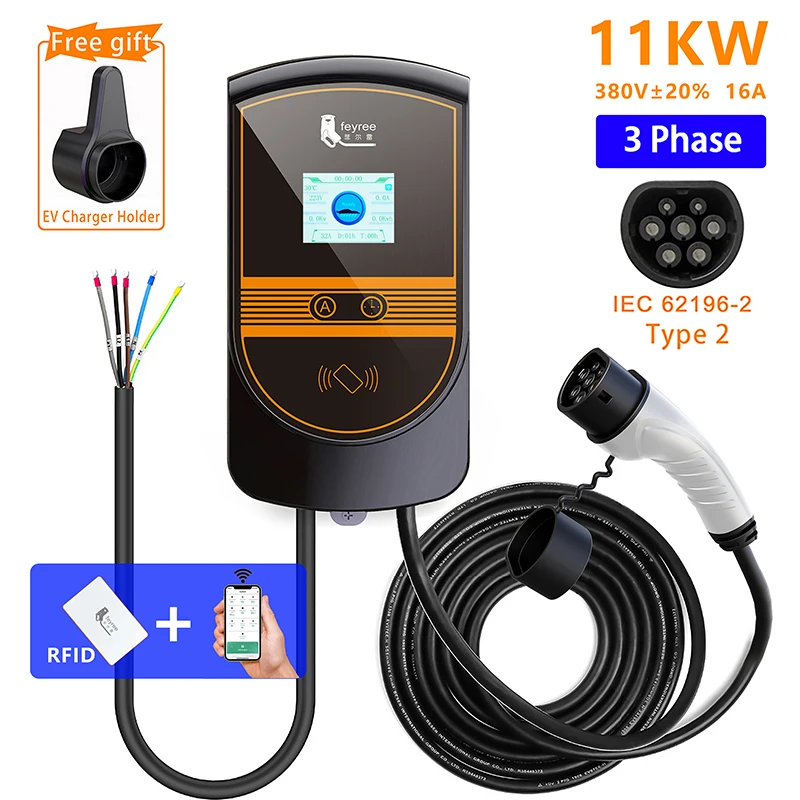 feyree EV Charger Wallmounted Charging Station APP EVSE Wallbox 11kw 3Phase 16A Type2 Cable Socket IEC62196-2 for Electric Car