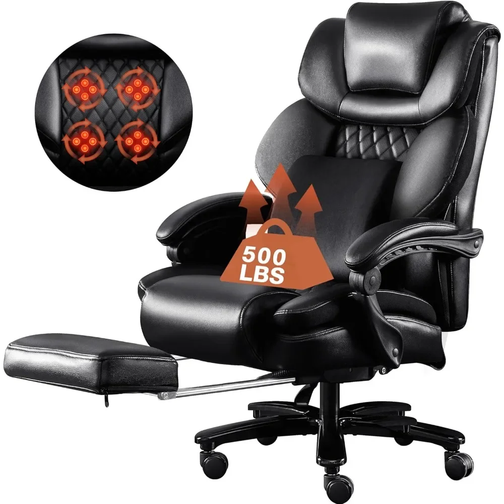 Big and Tall Office Chair 500lbs with 3D Rolling Massage Lumbar Cushion Executive Office Chair High Back Reclining Office Chair