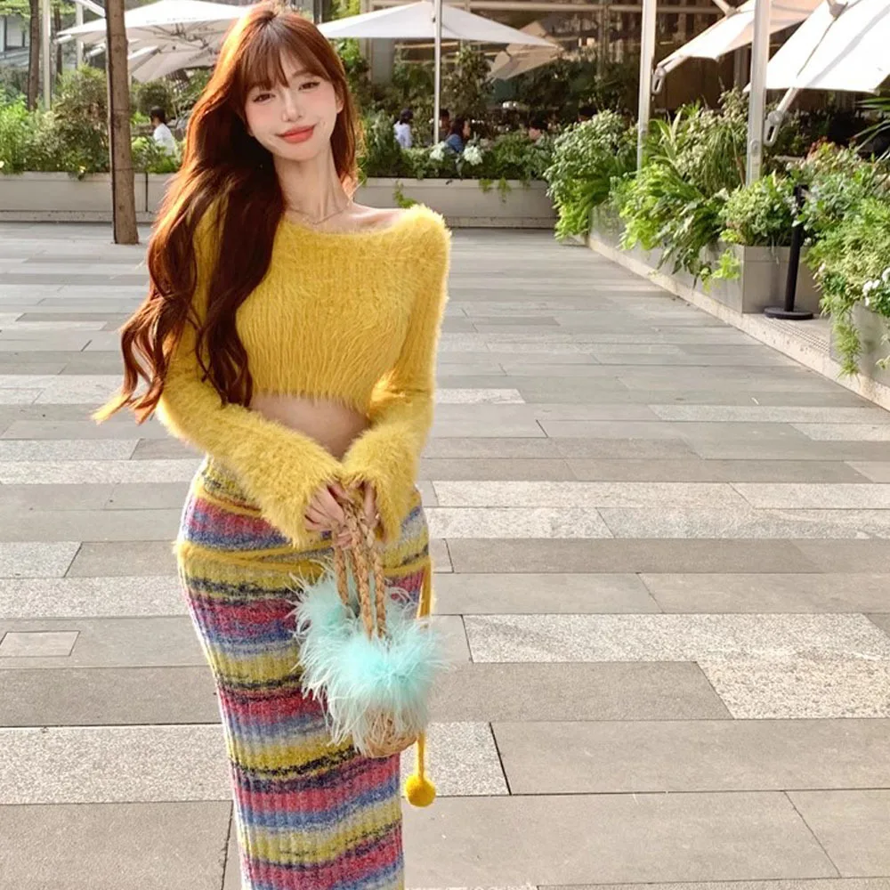 Autumn Winter Skirt Suit Women Bare Midriff Sweet Yellow Sweater + Furry Stripe Knit Long Skirts Crop Pullovers Tops 2 Piece Set