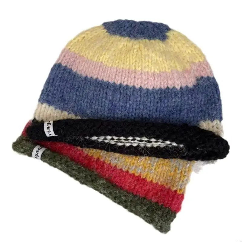 Handmade Knit Striped Bucket Hat for Woman Weaving Floppy Rolled Brim Bucket Hat Adult Teens Winter Fisherman Cap 6XDA 5