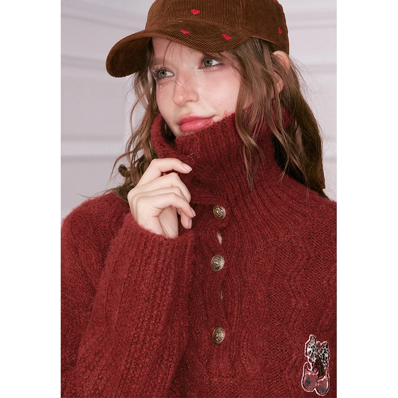 ELFSACK Women's Cute Cropped Knit Sweater with Embroidery Patch, Turtleneck Half‑Button Pullover Daily Wear