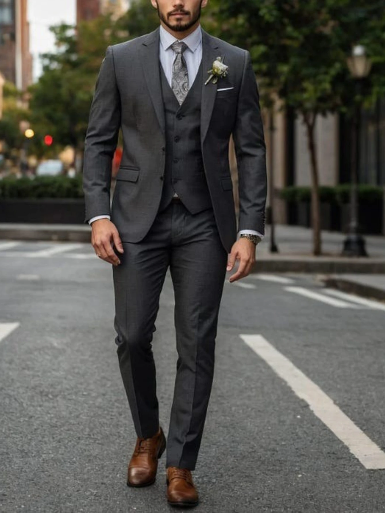 

Men's Grey Slim Fit 3-Piece Suit Men Clothing Men Suits