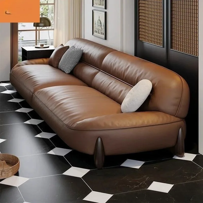 Retro style living room small apartment three people straight row Italian minimalist first layer leather sofa new cowhide sofa