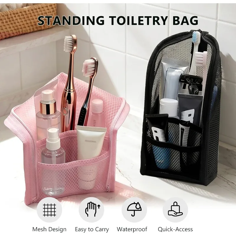Mesh Toiletry Bag Breathable Quick Dry Stand Up Vertical Toothbrush Holder Cosmetic Makeup Organizer for Travel Gym College Dorm view 2