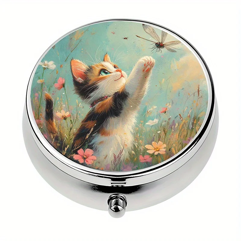 Single pack, wallet-style pill box with 3 compartments, cat and butterfly design, portable travel pill and vitamin storage box, pill box, vitamin organizer, ideal for personal outdoor travel and office medication reminders, wallet pill box