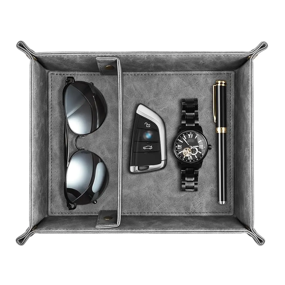 

Valet Tray Desktop Storage Organizer, Removable 2 Compartments Catchall Tray Bedside Vanity Nightstand Caddy Holder Desk