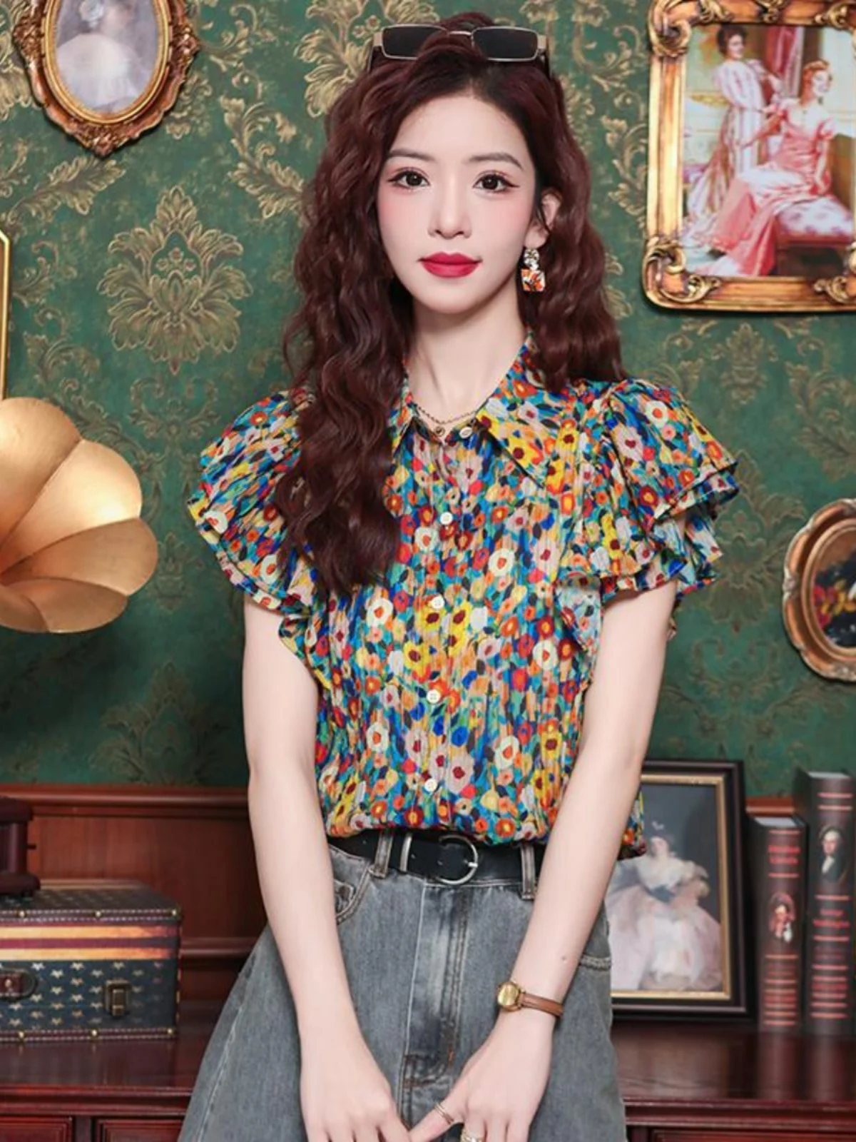 

Fenixuan Floral Print Blouse Women's Faion Summer Vintage Hong Kong Sle ort Sve irt Straight Cut Commute Sle