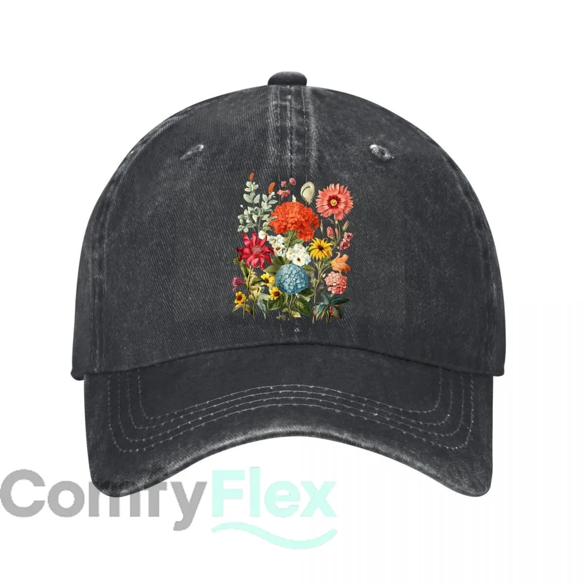 Botanical Hydrangea Sunflower Lily Floral Bouquet New Vintage Washed Cotton Baseball Cap Sun Hats