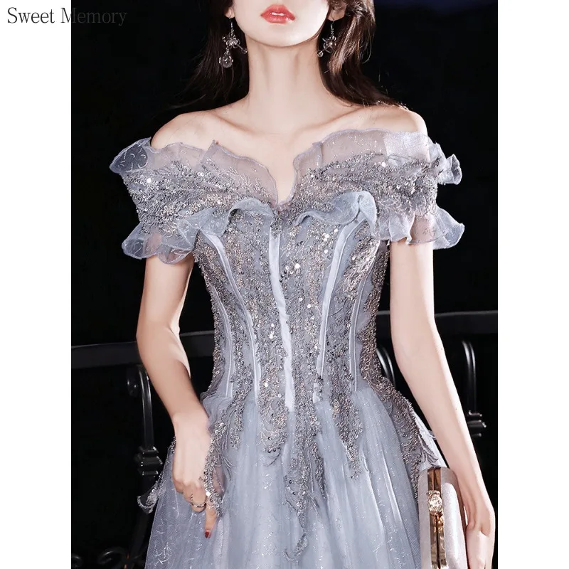 N1160 الفتيات النساء فساتين السهرة الطويلة الملابس الحلو الذاكرة مثير قبالة الكتف فستان رمادي الذاكرة الحلوة فستان رسمي أنيق