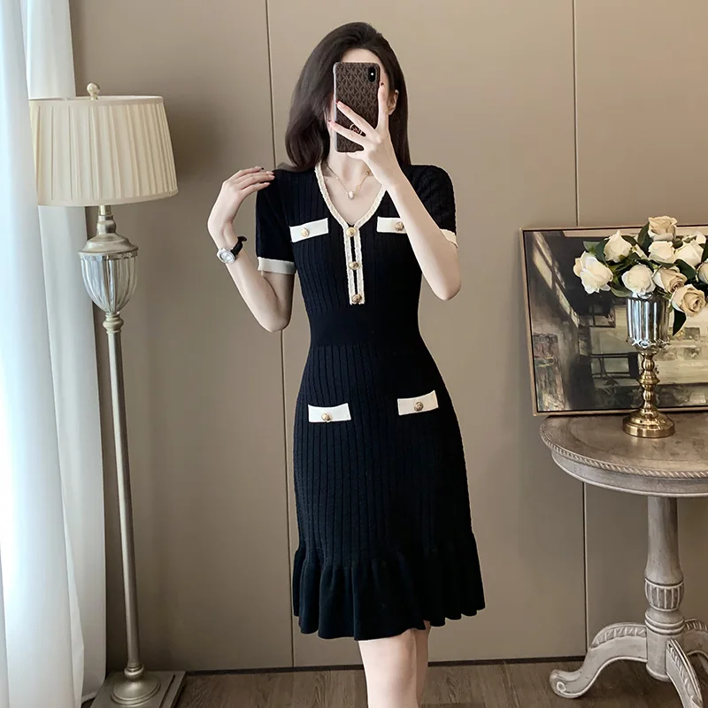 

V-Neck Knit Pleated Dress Black Fishtail Dress Button Front Collar Short Sleeve Bodycon 2024 Summer New in Women Clothes