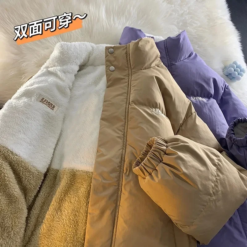 Winter Cotton-padded Girls 2024 New Junior High School Students Lambswool Plus Velvet Padded Two Sides Wear Cotton-padded Coat