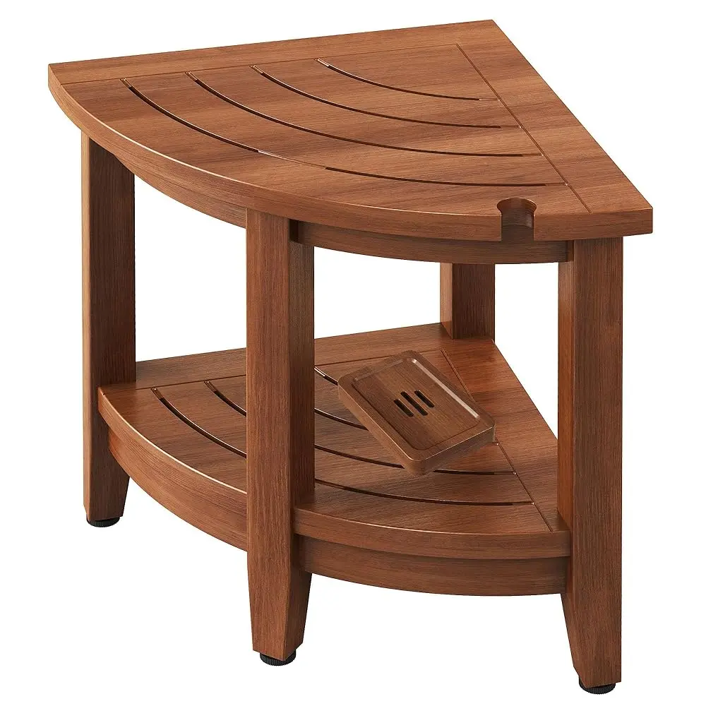 

Угловой табурет для душа из тикового дерева, внутренний табурет для душа 18 дюймов с полкой для хранения, водонепроницаемый табурет для ванной комнаты, регулируемые ножки, нескользящий,