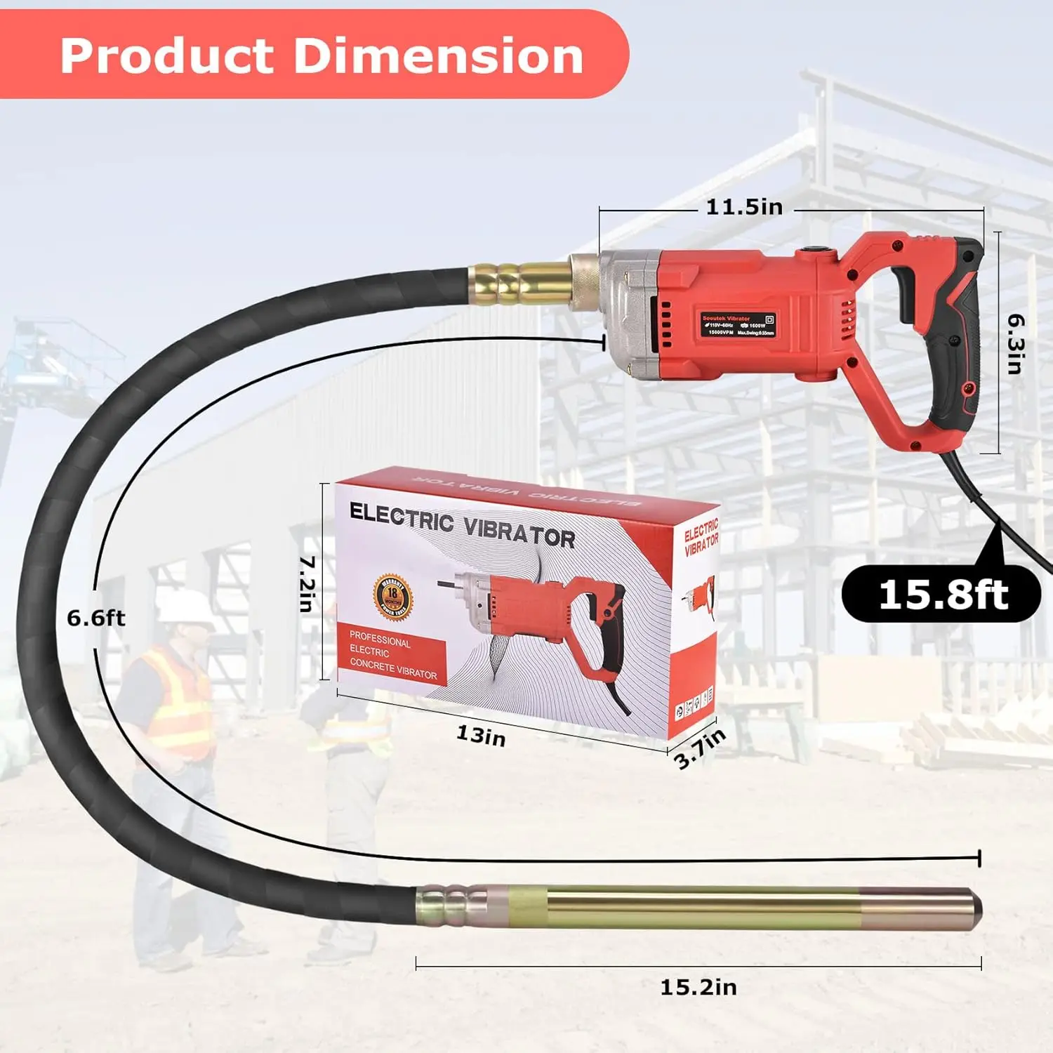 Вибратор для бетона, ручной вибратор для бетона мощностью 1600 Вт с валом 6,6 футов, Электрический вибратор для бетона 15000VPM