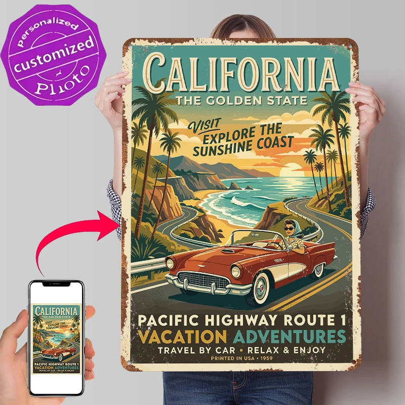 Kalifornien Golden State Vintage Reise-Metallposter, personalisierte Wandkunst, Retro-Blechschilder zur Dekoration für Garage und Haus