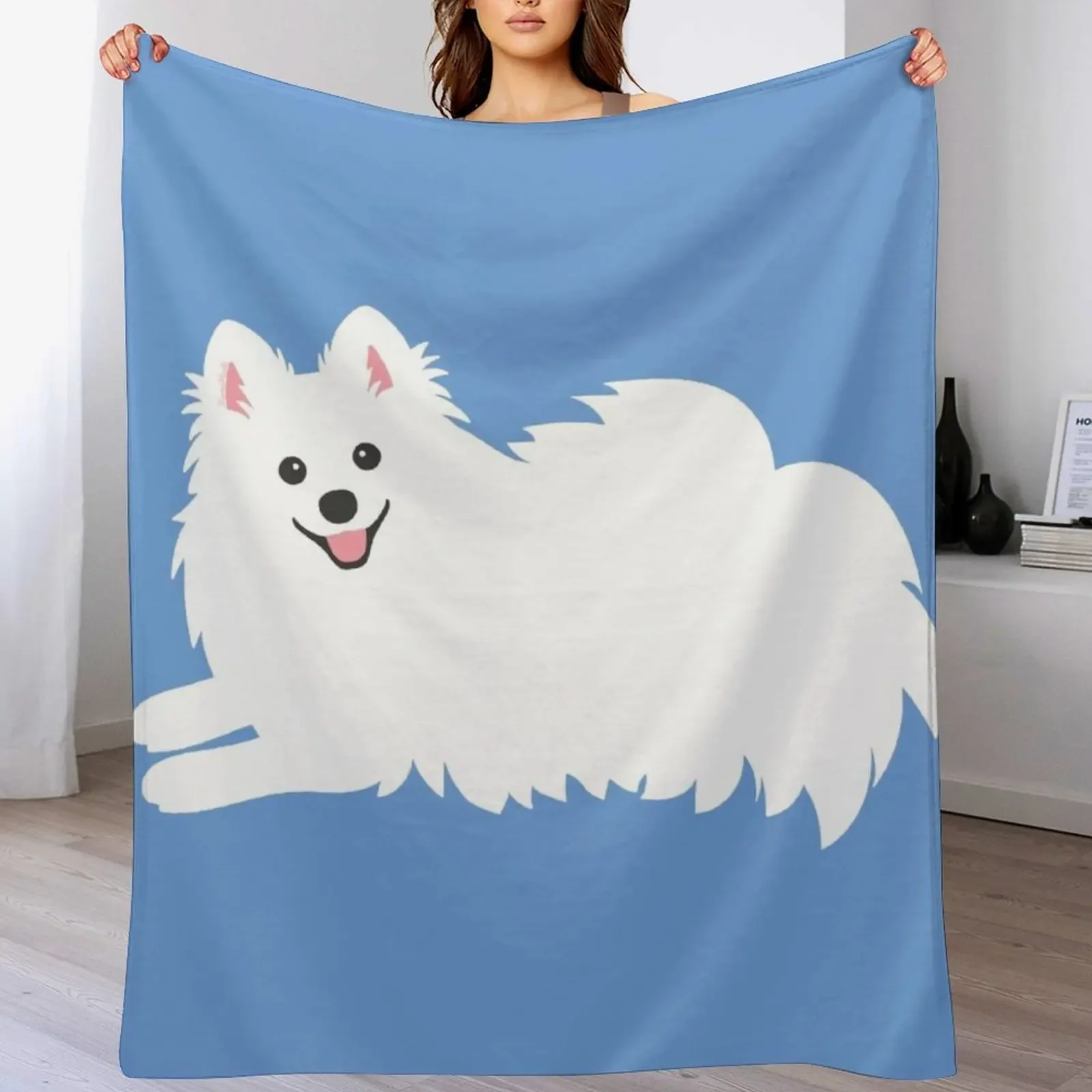 

Waiting Japanese Spitz Puppy Dog - KamaHachi Sky Blue Throw Blanket Stylish Couch Blanket for Home Living Room