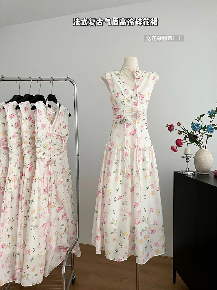 Summer French Vintage Prom Gown Floral Sleeveless Dress Women Maxi Long V-Neck Frocks 2000s Aesthetic Evening Party Old Money