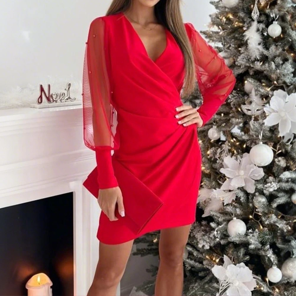 ผู้หญิงElegant Vคอลูกไม้แขนยาวBodyconดินสอมินิชุดฤดูใบไม้ผลิฤดูใบไม้ร่วงสุภาพสตรีจัดเลี้ยงค็อกเทลบอลชุดขนาดS-2XL
