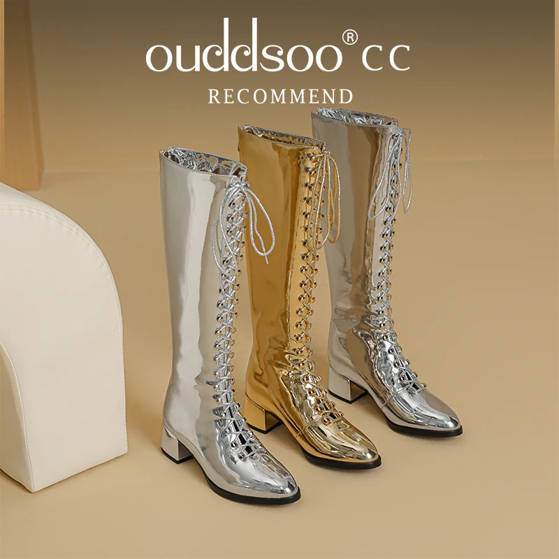 

Ods Silver Gold Mirror Leather Crosstie Knee Boots Female Low Chunky Heel Sequare Toe Long Booties Shoes winter Street 41 42 46