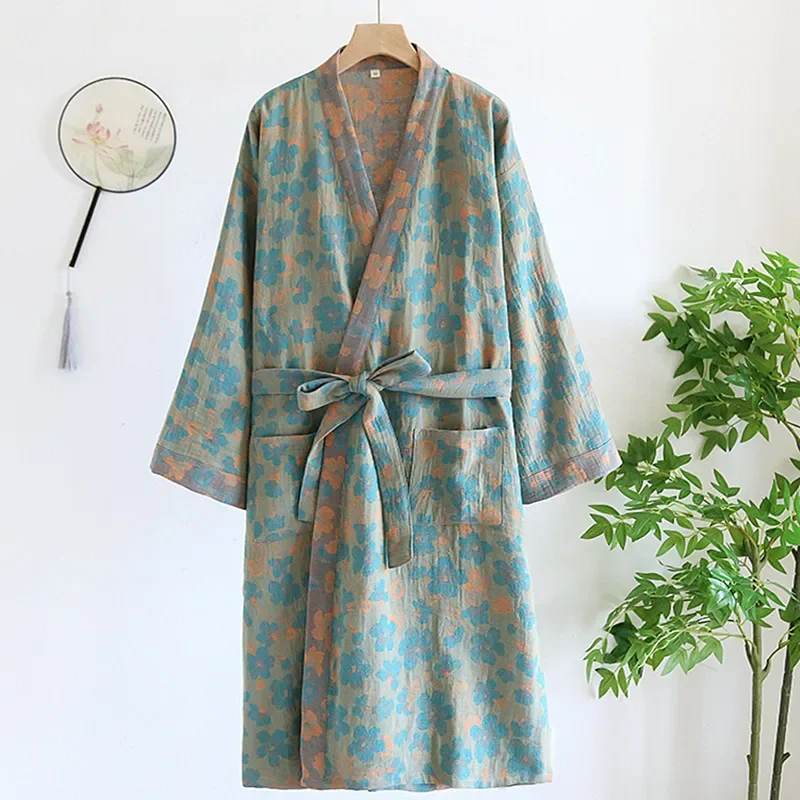 

Pure Cotton Robes For Women 3/4 Sleeve Spring Autumn Bathrobe Female Printed Morning Robes Loose Home Wear Sleep Dressing Gowns