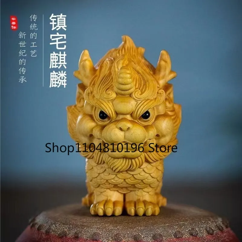 Thuja Wood Qilin Figurine Handheld Car Home Decor Lucky Beast Ornament