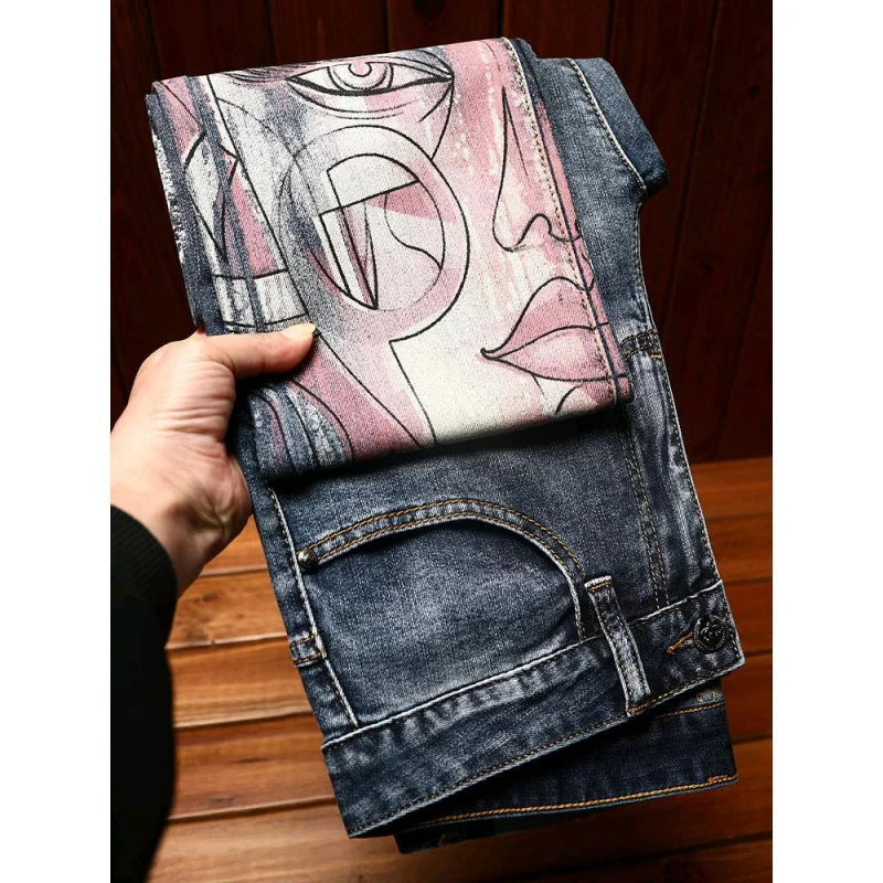 High end light luxury new printed jeans for men fashion casual trend elastic slim fit straight tube washed versatile denim pants